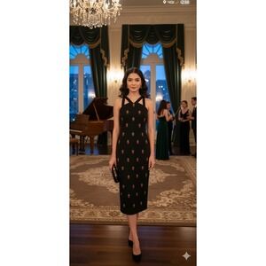 Shoshanna Black Midi Dress with Subtle Red Details